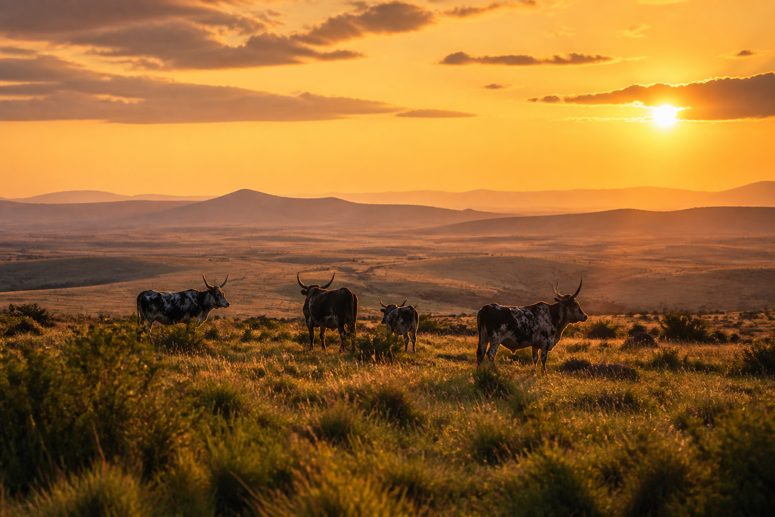 AI-generated savanna sunset with cattle